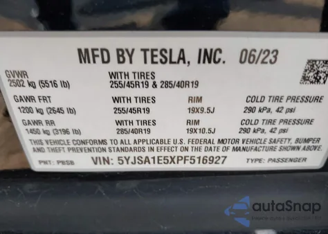 2023 Tesla Model S Dual Motor All-Wheel Drive/Standard Range from USA, damaged, VIN 5YJSA1E5XPF516927